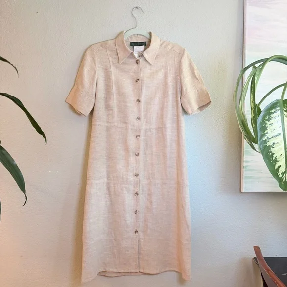 Harve Benard Linen Classic Vintage Preppy Minimalist Button Up Tan Shirt Dress M - Picture 2 of 9